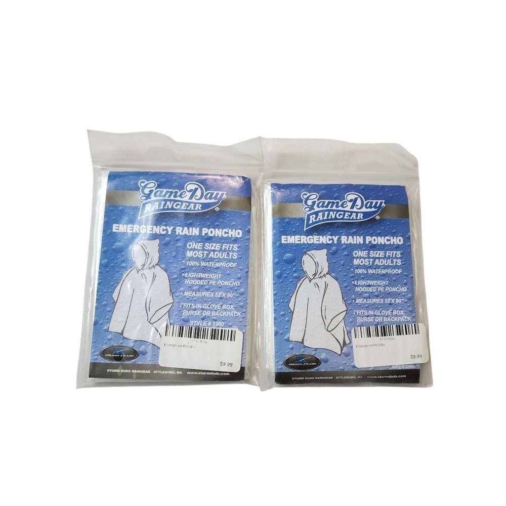 Disposable Rain Poncho Emergency Waterproof Adult Hiking Coat Hood 52x80 2-pack
